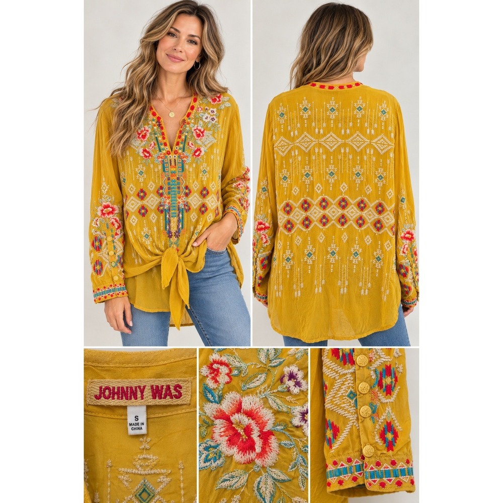 Johnny Was Blouse Embroidered Floral Mustard Yellow Rayon Boho Tie Front Size S